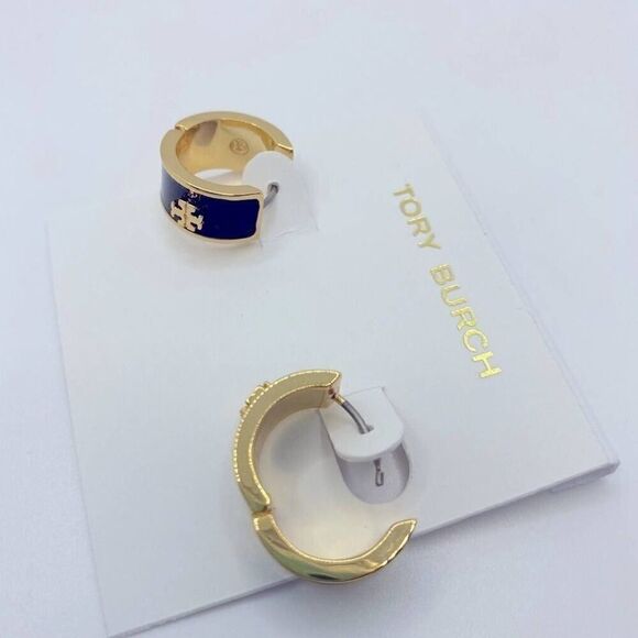 New Tory Burch Gold ,Black Enamel Small Huggie Hoops - Picture 6 of 7